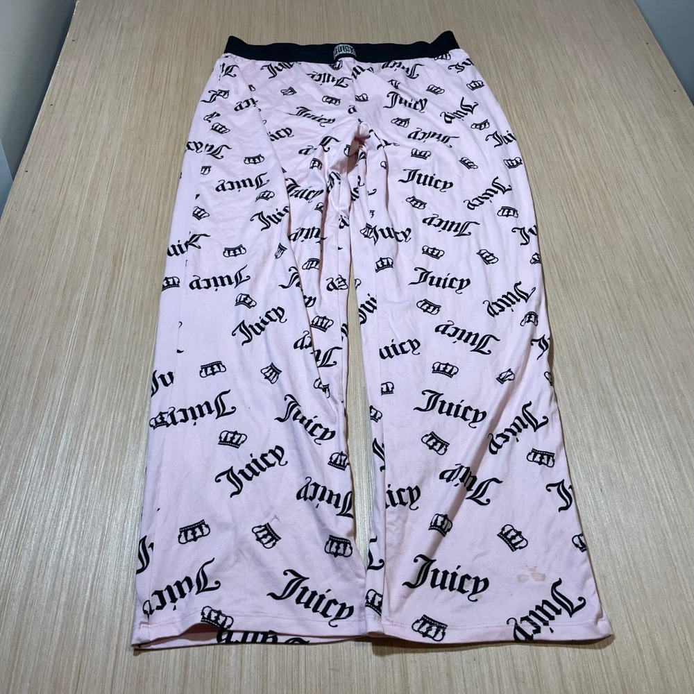 Juicy Couture Pajama Pants Women Pink Black Logo Crown Print Large